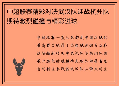 中超联赛精彩对决武汉队迎战杭州队期待激烈碰撞与精彩进球