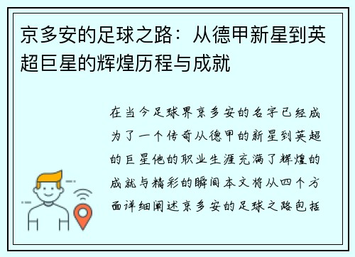 京多安的足球之路：从德甲新星到英超巨星的辉煌历程与成就