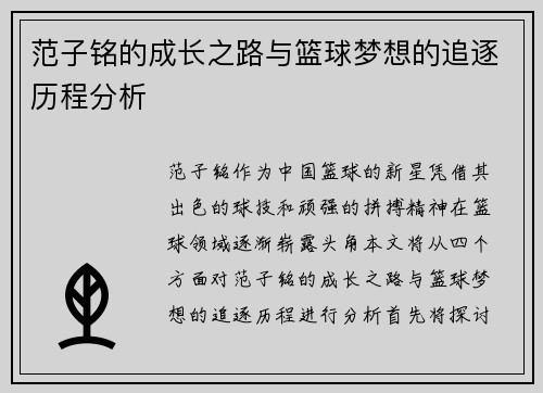 范子铭的成长之路与篮球梦想的追逐历程分析