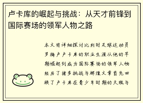 卢卡库的崛起与挑战：从天才前锋到国际赛场的领军人物之路