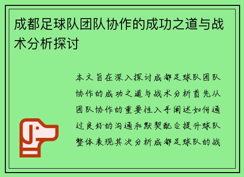 成都足球队团队协作的成功之道与战术分析探讨