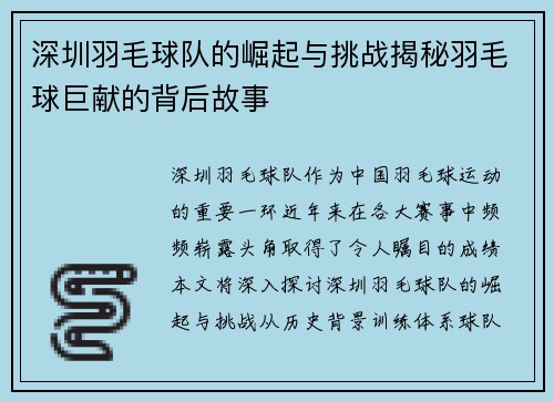 深圳羽毛球队的崛起与挑战揭秘羽毛球巨献的背后故事