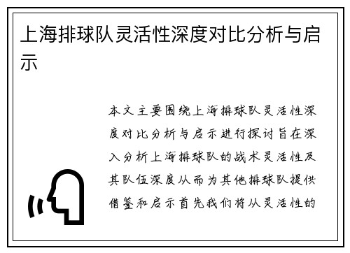 上海排球队灵活性深度对比分析与启示