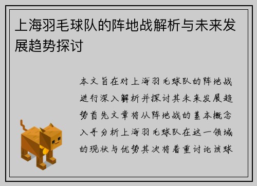 上海羽毛球队的阵地战解析与未来发展趋势探讨