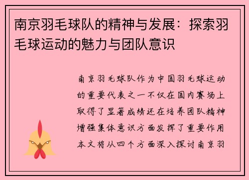 南京羽毛球队的精神与发展：探索羽毛球运动的魅力与团队意识