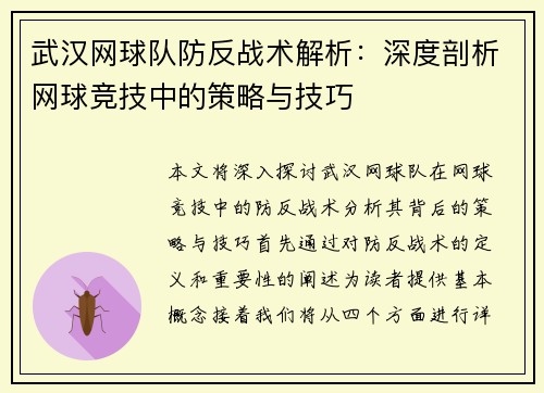 武汉网球队防反战术解析：深度剖析网球竞技中的策略与技巧